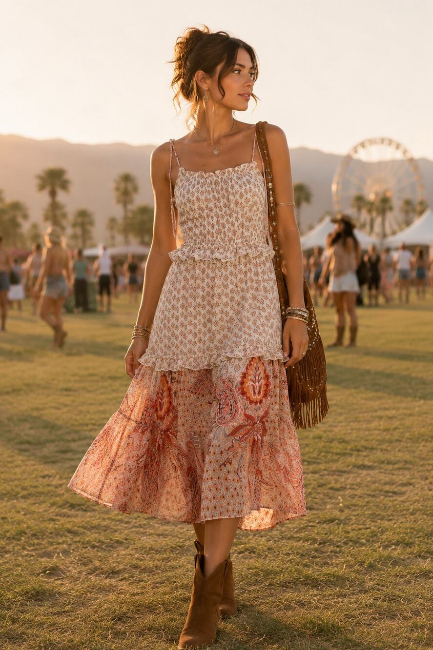 Misa Los Angeles Dionica Midi Floral Tiered Boho Dress Womens M Cottage Core